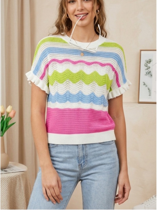 Entro Sweaters - Entro striped Crochet Knit top Flutter Sleeve Women's Size Medium Colorful